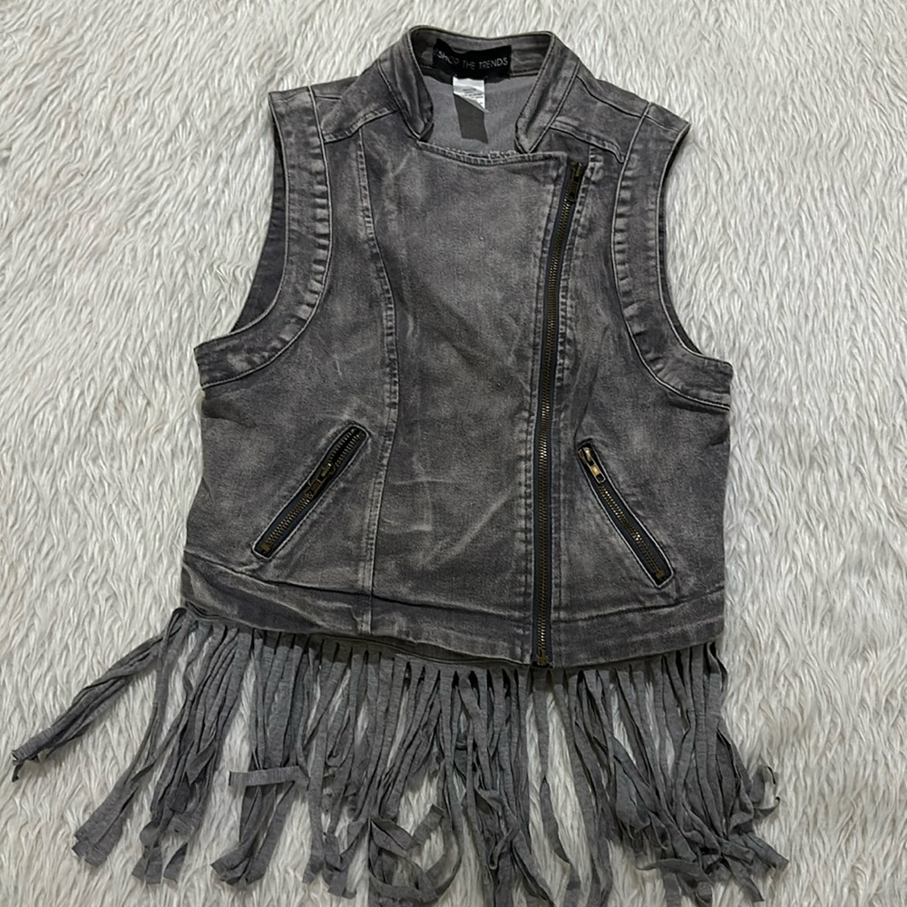 Shop the Trends Denim Fringe gray boho Moto Vest size large